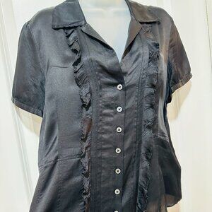 Banana Republic Silk Button Front Short Sleeve Blouse w/Ruffles, Size L